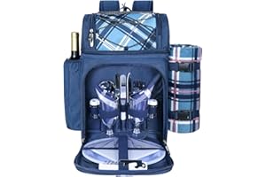 Hap Tim Picknickkorb Rucksack für 2 Personen mit isoliertem auslaufsicherem Kühlfach, Weinhalter, Fleecedecke, Besteckset, perfekt für Strand Camping Party (EU-36083-BL)