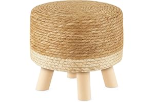 SUNNYNEST Footstool Natural Seagrass Hand Weave, Pastoral Style Footrest, Padded Foot Rest with Non-Skid Pine Legs, Wooden Sofa Stools, for Living Room, Bedroom, 29x29CM
