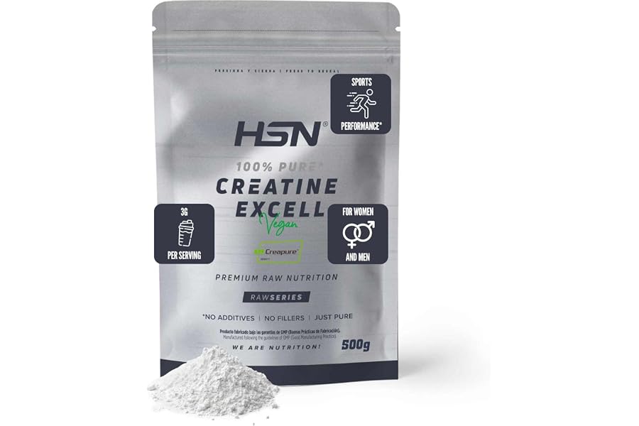HSN Creatina Excell 100% Creapure® en Polvo - Sin Sabor 500 g | 100% Puro Monohidrato de Creatina Sin Añadidos. Libre de DCD
