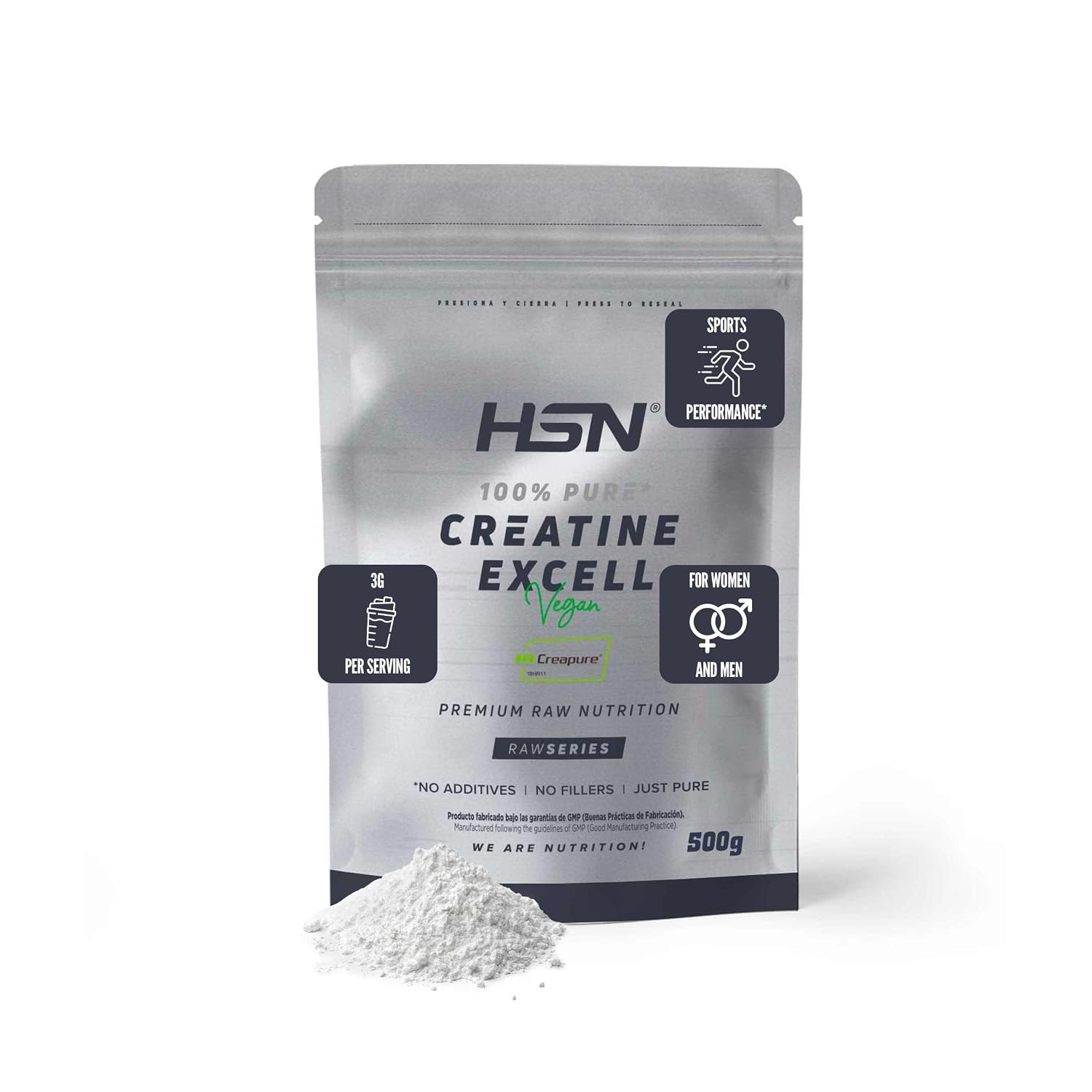 HSN Creatina Excell 100% Creapure® en Polvo - Sin Sabor 500 g | 100% Puro Monohidrato de Creatina Sin Añadidos. Libre de DCD o DHT. No Incluye Dosificador.