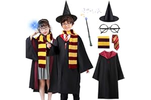 Amycute Magier Robe, 4-8 teiliges Zauberer Cosplay Halloween Kostüm Kinder Erwachsene mit Umhang, Zauberstab Brille, Magischer Hut, für Karneval Faschingskostüme