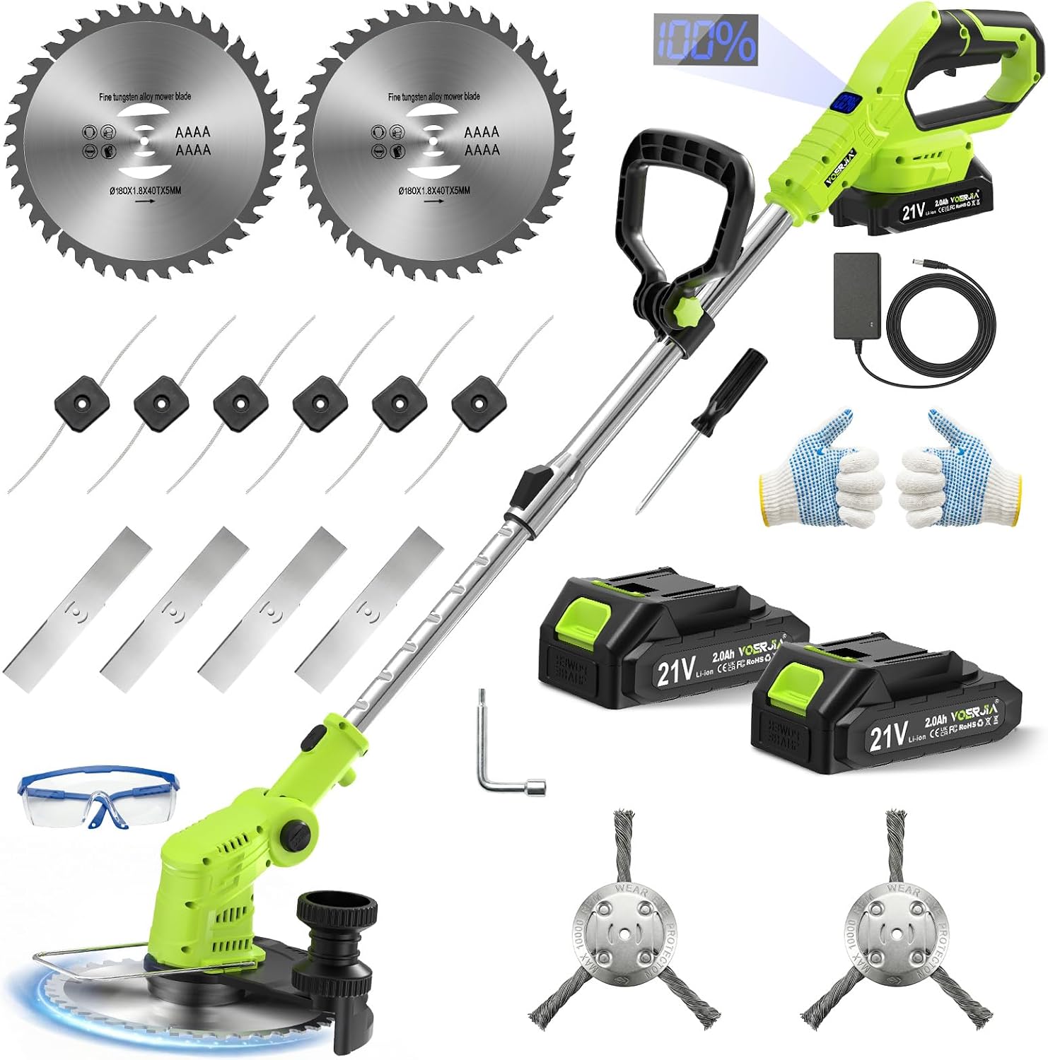 VOERJIA Desbrozadora a Batería 21V 850W, Cortabordes Eléctrico con Pantalla LCD, 2 Baterías 2.0Ah y Ruedas Laterales, Rotofil Potente 4-en-1 para Perfilado de Bordes y Jardines (Versión Pro)