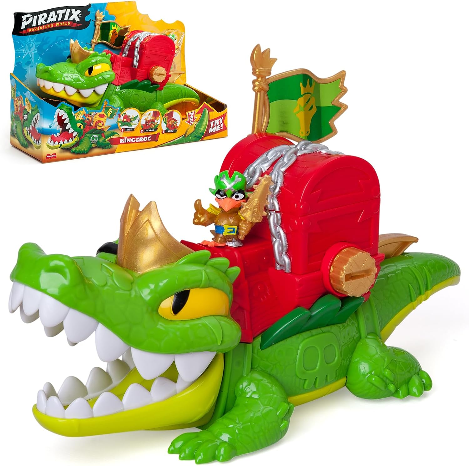 PIRATIX King Croc –Cocodrilo articulado,para capturar Piratix y con un cofre para guardar tesoros. Contiene 1 cocodrilo, 1 tesoro exclusivo, 2 tesoros dorados extras, 1 Piratix exclusivo y 1 accesorio