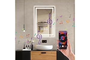 Ratsamee Bluetooth LED Bathroom Vanity Mirror with LED Lights - 400×600 MM Anti-Fog Wall Mirror, 3-Color Dimmable Frontlit Illumination for Makeup, Wall Mounted Bathroom Lighting