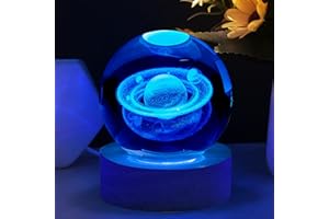 Vicloon Lampka nocna z planetą Saturn 3D – kryształowa kula na drewnianej podstawie, galaktyczna lampka LED na stół, idealna na prezent urodzinowy, rocznicowy lub jako dekoracja do domu