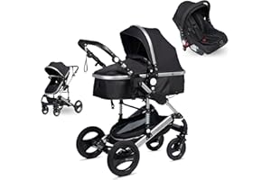BRONEA 3 in 1 Kinderwagen Set - Kombikinderwagen, Buggy & Auto-Babyschale - Große Räder, leicht klappbar - Verstellbare Fahrtrichtung - Ab Neugeborene bis 25 kg - Schwarz/Silber