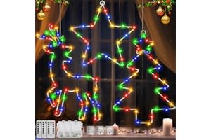 Multper Lumières LED Noël 3 Pièces, Etoiles Sapin de Noël Rennes, 105 LED Guirlande Lumineuse Exterieure Intérieur, 8 Modes Guirlande à Pile(Non Inclure) avec Minuterie, Ventouses, Decoration Noel