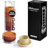 MIAMIO - Ceramic Espresso Cups (75 ml), Set of 6 - Palmanova (Magma) | Ceramic Espresso Cup Set with Saucers and Stand, Stone