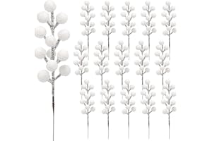 Yueshop 16 PCS Artificial Berry Stems Christmas Artificial Snowy White Berries Stems Winter Berries Branches Fake Christmas Picks for Wreath Garland Xmas Tree Wedding Party Home DIY Crafts Decorations