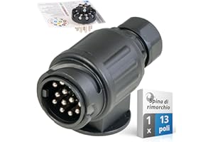 valonic Spina di rimorchio a 13 Poli - incl. Modello di Cablaggio - Carrello per Auto rimorchio, Spina per roulotte, per portabici e portamoto, Nero