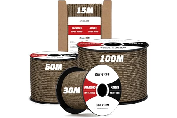 Brotree Paracorde 3mm 15M 100% Nylon Corde Paracorde 425 3 Brins Corde Parachute Type II pour Extérieur, Artisanat - 192kg Charge de Rupture (Marron Boue)