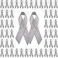 WANDIC 100pcs Satin Ribbon Brooch Pin with Safety Pins for Brain Tumor Parkinson Disease Awareness for Men Women 3x1.6 Inch Grey
