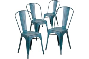 Flash Furniture Silla de Metal Envejecido, Kelly Blue-Verde Azulado, 4 Unidades