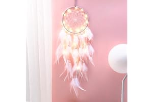 Hongyans Attrape de Rêves LED, Faite Main Capteur de Rêves en Plumes Lumineux Dream Catcher pour Chambre Maison Décoration Tenture Murale Mobile Decoratif Filles Enfants Cadeau