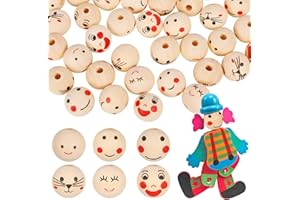 Livdouyu 120 Stück Smile Holzperlen, 6 Stile 20mm Holzkugeln mit Loch, Rund Holzkugeln mit Gesicht Sorgenwurmchen, Auffädeln Holzperlen mit Gesicht für DIY Armband Halskette Schmuck Handgefertigte