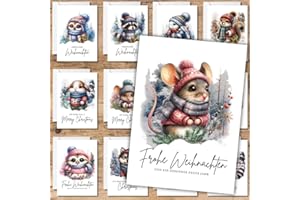 ‎CELEBR8TE celebr8te Weihnachtskarten mit Umschlag Set und gratis Sticker (je 12 Stück) - Grußkarten, Postkarten, Geschenkkarten - Weihnachtskarten Set bunte Tiere
