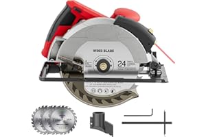 VISTRECK Kreissäge, Handkreissäge 1500W 12A 5500RPM mit Laserführrung, Kupfermotor, 185mm Kreissägeblatt, 3 Sägeblättern (24T/48T), Maximale Schnitttiefe 62 mm (90°), 46 mm (45°), für Holz DIY, Plastik