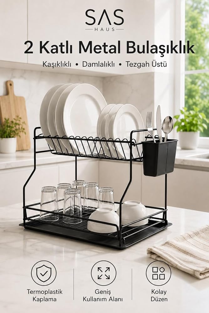 Sas Haus 2 Katlı Metal Bulaşıklık Kaşıklıklı ve Damlalıklı Tezgâh Üstü Bulaşık Kurutmalık DTB-02, Siyah