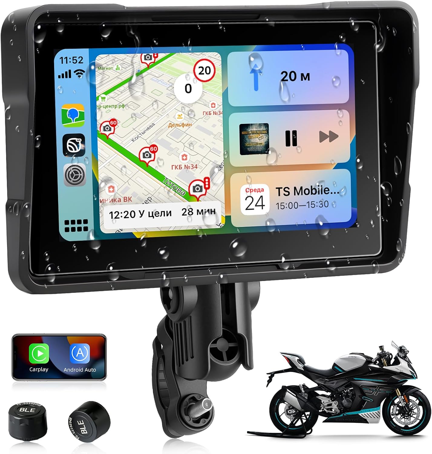 Jansite Pantalla Carplay Moto Android Auto con TPMS, 5 Pulgadas Navegador Moto Pantalla Táctil Impermeable IP67 CarPlay y Android Auto Inalámbricos, Navegación GPS, Siri Goo-gle