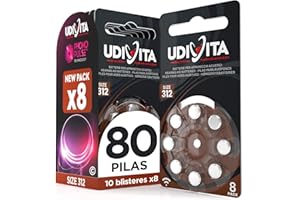80 Pilas para Audífonos Tamaño 312 Udivita PR41 (Marrón) Zinc-Aire con Tecnología Phono Pulse - 10 Blísteres de 8 Pilas
