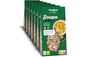 Trevijano Soupe Julienne: 7 sacs de 100g chacune (700g de légumes déshydratés). Barquette: 8 portions de soupe mélange de carotte, pomme de terre, panais, poireau, oignon,chou,céleri et persil.