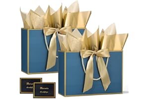 BBLIKE BBILKE Sacchetti Regalo Medie - 2 Sacchettini Borsa Regali Compleanno in Carta con 2 Carte, Buste Regalo Grandi Elegante con Manici per Donne Ragazze San Valentino Festa di Nozze Natale (Blu Bianco)