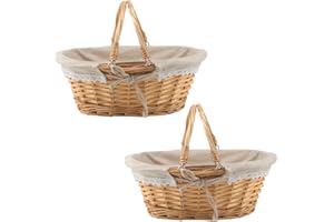 MUKCHAP 2 PCS 32 x 23 x 12cm Oval Wicker Picnic Basket, Woven Willow Basket with Folding Handle Lining for Picnic