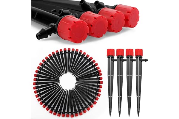 VooGenzek 50 Pièces Goutteur Irrigation Réglable, 360 Degrés 8-Trou Micro Asperseur Goutte à Goutte avec Connecteur Barbelé & Piquet de Support pour Tube 4/7mm, Goutteur d'irrigation Insertion, Rouge