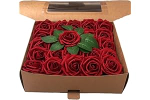 ESTANOFUR STATE 50 Pièces Roses Artificielles, Faux Rose avec Feuille et Tige Ajustable, Fausses Roses Fleurs Artificielles en Mousse au Toucher Réaliste (50 Pcs Rouge)