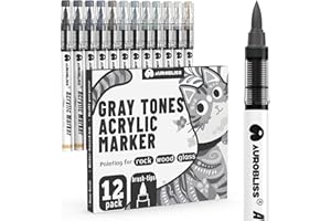 AUROBLISS Pennarelli Acrilici Toni Grigio, 12 pezzi di Pennarelli Acrilici Punta a Pennello per Vetro, Sassi, Legno, Metallo, Tela