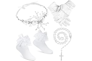 SATINIOR Set de 4 Regalos de Primera Comunión para Niñas Diadema de Bautizo de Flores Collar Católico de Rosarios de Cuentas de Perlas Guantes de Cruz Blancos Calcetines Tobilleros de Lazo de Encaje