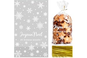 VERLUKY Sachet Biscuit Noel 100pcs, Sachets Transparents pour Biscuits 9.5 x 16 cm, Joyeux Noël Sachet Bonbon Gateau Chocolat Noël avec Torsadées pour Emballage Cadeau