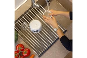 Esila Scolapiatti da Appoggio in Acciaio Inossidabile, Pieghevole e Antiscivolo – Stendibicchieri e Organizer per Cucina sopra Lavello, Ideale per Piatti, Frutta e Verdura (Nero)