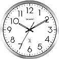 Sharp Atomic Analog Wall Clock - 12" Silver Brushed Finish Sets Automatically- Battery Operated Easy to Read Use: Simple, Style fits Any Decor