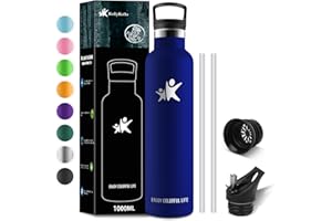 KollyKolla Termos 1 l, butelka na napoje ze stali nierdzewnej 1 l, ze słomką, nie zawiera BPA, nadaje się do napojów gazowanych, szczelna butelka na wodę dla dorosłych, do uprawiania sportu, fitnessu,