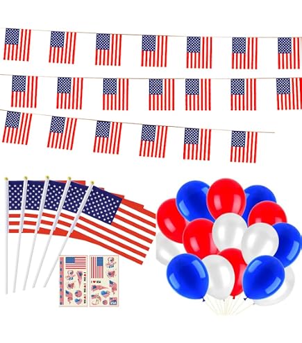 Décoration Fête USA - 10m Guirlande Drapeaux, 30 Ballons, 10 Drapeaux à Main - Pour 4 Juillet Et Événements Patriotiques