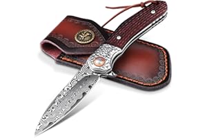univinlions Cuchillo plegable de Damasco, cuchillo de acero de Damasco para exteriores, cuchillo de supervivencia con funda de cuero, regalo para hombres