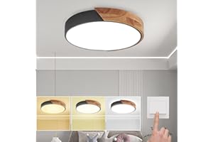 NICEME Lampada da soffitto, 24w Dimmerabile Led Plafoniera Legno, Regolabile 3000k/4500k/6500k Tramite Interruttore a muro, 12 Pollici Plafoniera Moderna Per Camera Da Letto Corridoio Balcone, Nero