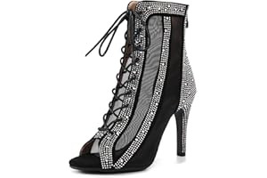 YCALCP Botas de Baile Latino Mujer Punta Abierta Pedrería Profesional Botines de Baile Salsa Tango y Bachata Zapatos de Baile