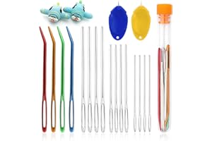 CAISYE Agujas Romas Ojo Grande - Juego de 18 Agujas de Relleno de Lana con Enhebrador - Agujas de Coser de Aluminio para Tejer y Coser a Mano - Incluye Agujas Rectas y de Tapiz