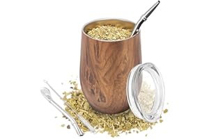 TELANKS Mate Becher Set, 340 ml Mate Tee Tasse, Doppelwandiger 18/8 Edelstahl Enthält Bombillas und eine Reinigungsbürste, Yerba Mate Becher (holz)