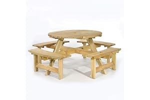 BrackenStyle York 8 Seat Round Picnic Table with Bench Seats and Parasol Hole - Outdoor Dining Furniture for Pubs Garden Patio Use 8 People Seater 1.8M 180cm 6ft Diameter (Green Pine)