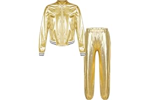 Nyeemya Conjunto de Disfraces de Hip Hop para Niña Niño metálicos brillantes Sudadera Pantalones Joggers Ropa de Baile años 90 Trajes Disfraz