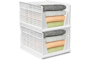 BOODPET Wardrobe Storage Organiser, 2PCS Large Stackable Baskets – 43x33.5x25cm, Plastic Storage Bins for Closet, Home, Office, Laundry, Clothes, Toys, Kitchen
