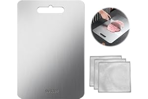 APOMOONS Deska do krojenia ze stali nierdzewnej 304, nie zawiera BPA, antybakteryjna i zrównoważona pokrywa robocza bez plastiku, kuchenna deska do krojenia, 39 x 28 cm, z odporną na zarysowania ściereczką