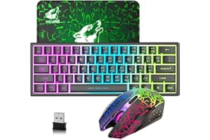 LexonElec T61 60% Compact Teclado Y Raton Gaming Inalámbrico - USB Wireless Keyboard Retroiluminado Pequeño Ergonomico 3800mAh RGB QWERTY + 2400 dpi Rainwbow Mouse - Accessories para PC Mac