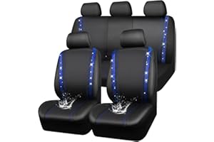 CAR PASS Bling Diamond - Set completo di coprisedili per auto, in ecopelle impermeabile con strass brillanti, posteriori con cerniera, misura universale, strisce glitterate per donne e ragazze, blu