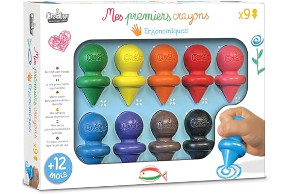 Créa Lign | Crayons de Cire Ergonomiques Bébé +12 Mois | Mes Premiers Crayons | 9 Couleurs Faciles à Tenir | Activité Manuelle et Découverte du Dessin