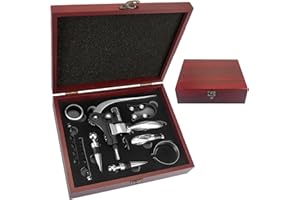 CAILION Weinkorkenzieher-Set mit Vintage-Holzkiste, Wein Sommelier Sets mit Flaschenöffner,Weinzubehör Geschenkset,Kaninchenkopf-Flaschenöffner-Set,Tropfringe,Weinverschlüss,Weinausgießer (Red Wood)