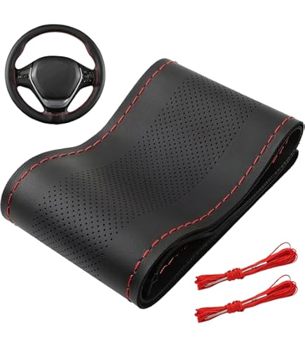 Wenbones Echt leren stuurhoes, stuurhoes voor vrachtwagens, om op te naaien, universele pasvorm, 44-46 cm, autowielen, antislip met naald en draad, met de hand genaaid, ademend rundleer, zwart